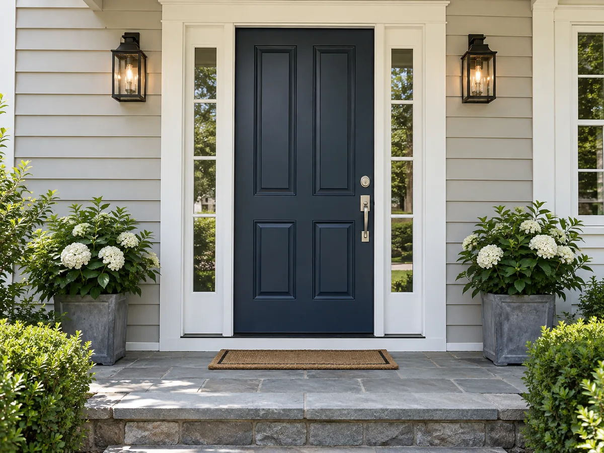 Navy paneled exterior door with nickel hardware and white trim